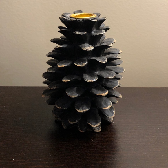 Black Candle Holder with Natural Pinecone Accent - Picture 1 of 1
